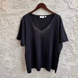 Quacker Factory Black Colorful Rhinestone V-Neck Tee 2X
